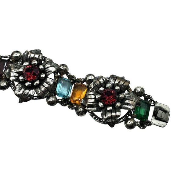 VIntage Rhinestone Bracelet Multicolored Stones Floral Links Flower Costume Jewe - Picture 4 of 13